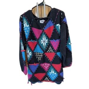 Brownstone Studio Vintage Black Snowflake Metallic Thread Knit Sweater L Cotton